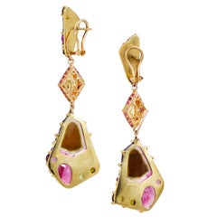 Water Mellon Tourmalines, Color Diamonds, Peridots, Pink Sapphire 18k Earrings