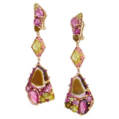Water Mellon Tourmalines, Color Diamonds, Peridots, Pink Sapphire 18k Earrings