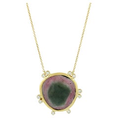 Water Melon Tourmaline Pendant Necklace With Diamonds Made In 18K Yellow Gold