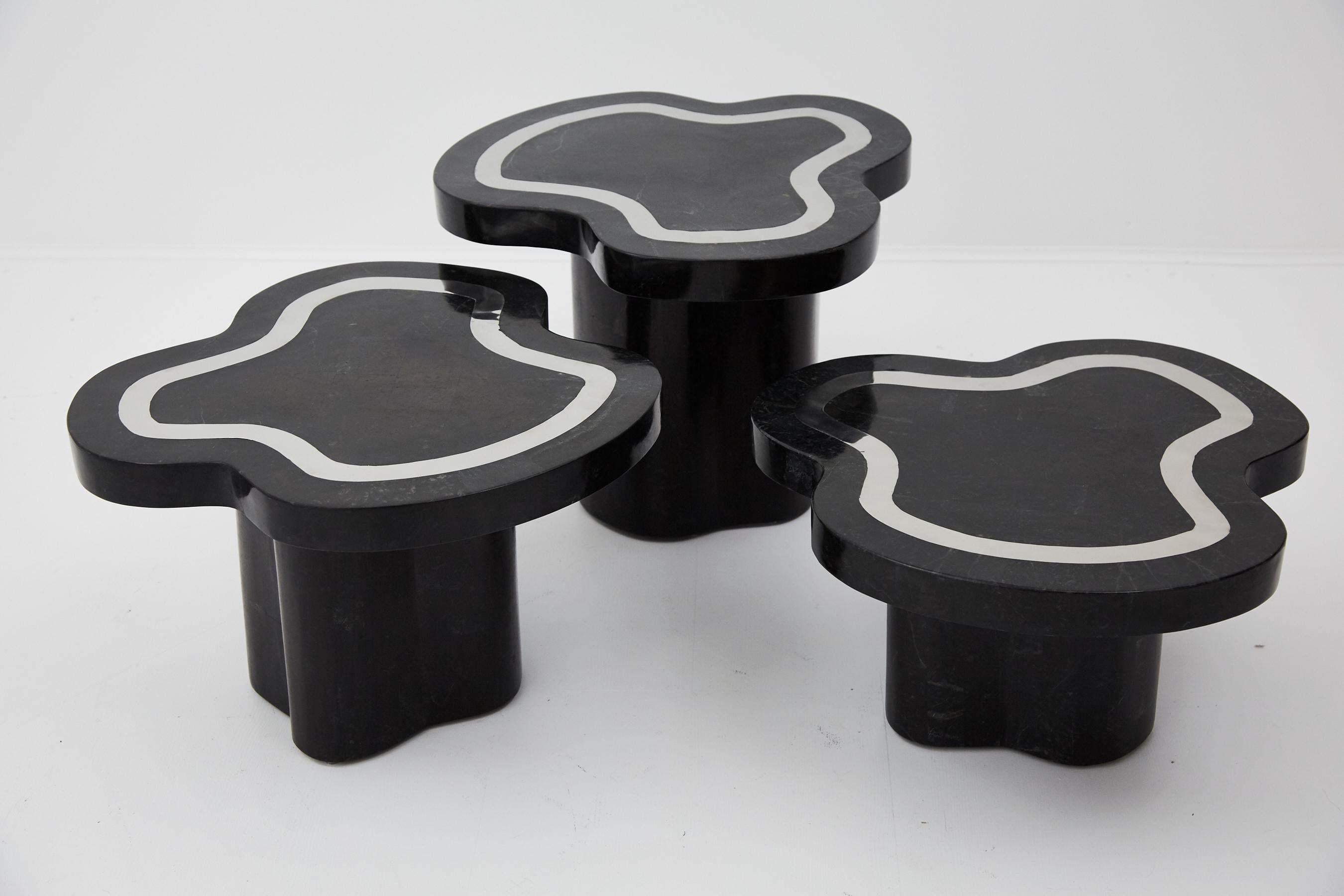 Water Mushroom Tables, Black Stone with Stainless Steel, Set of Three, 1990s For Sale 10