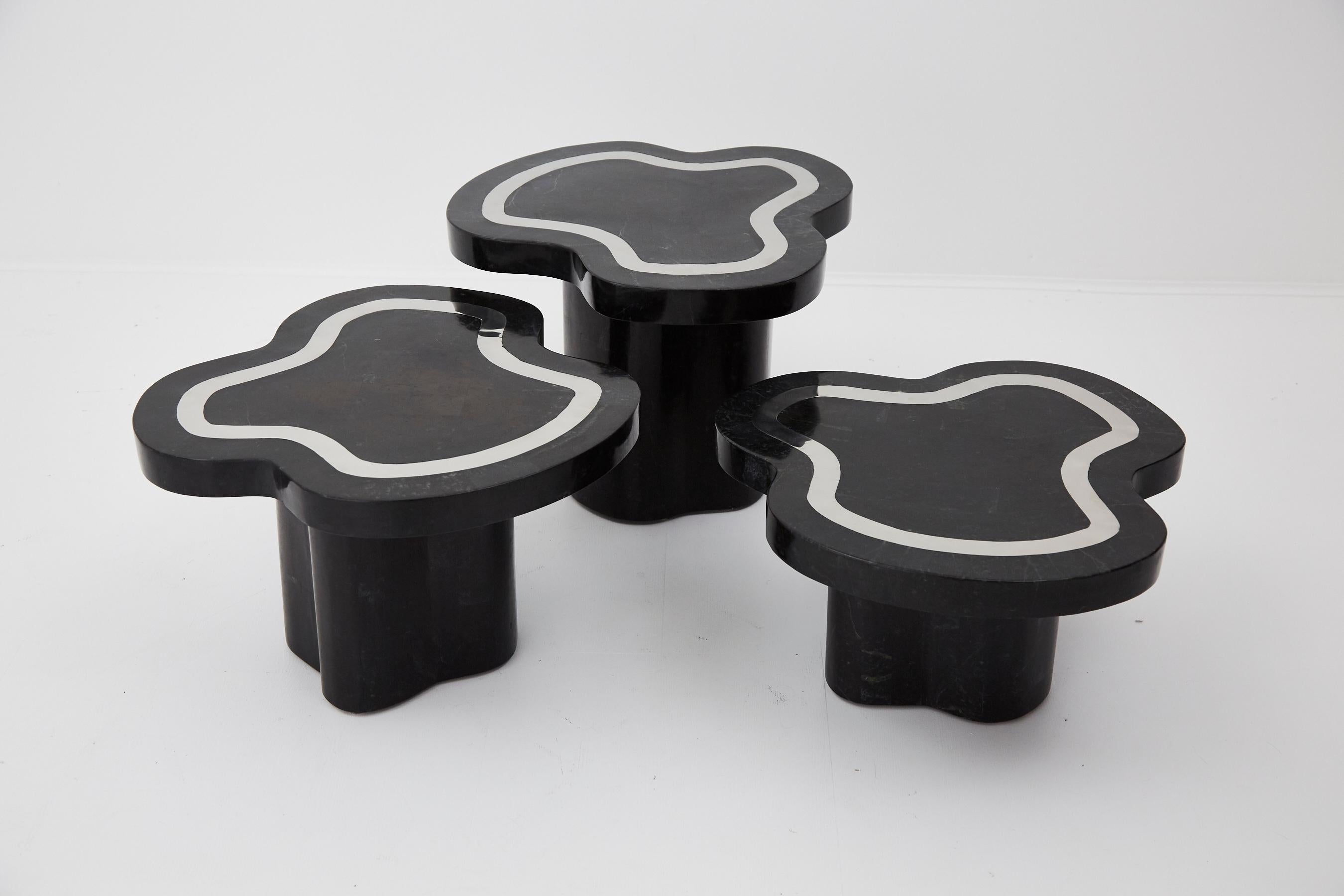 Water Mushroom Tables, Black Stone with Stainless Steel, Set of Three, 1990s For Sale 11