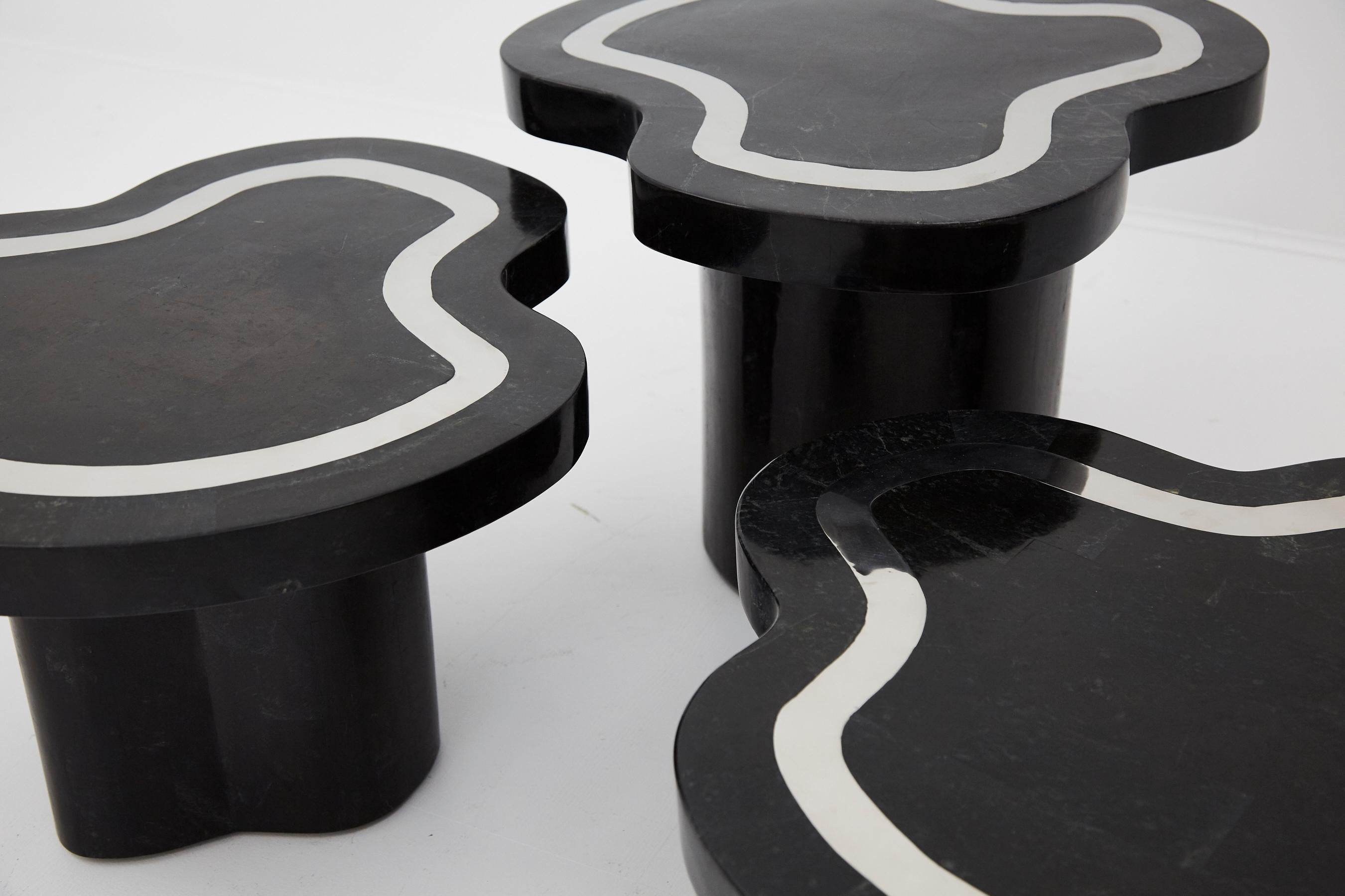 Water Mushroom Tables, Black Stone with Stainless Steel, Set of Three, 1990s For Sale 12