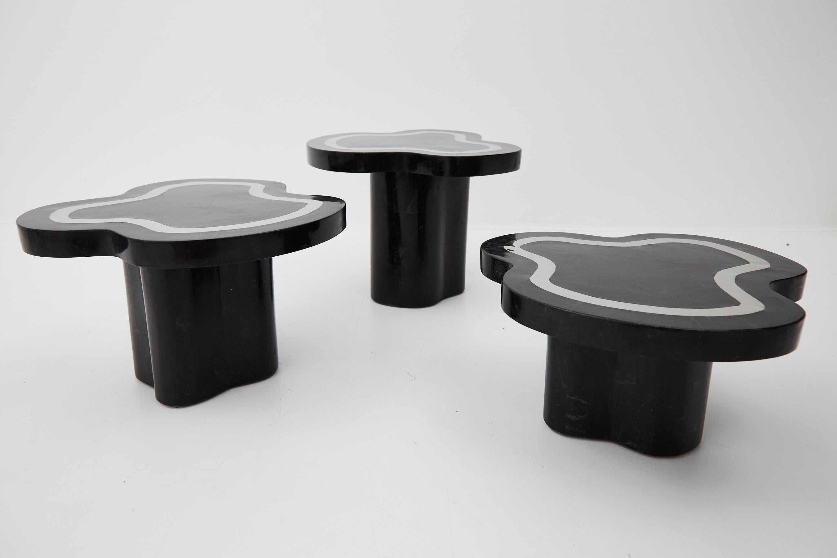 Thai Water Mushroom Tables, Black Stone with Stainless Steel, Set of Three, 1990s For Sale