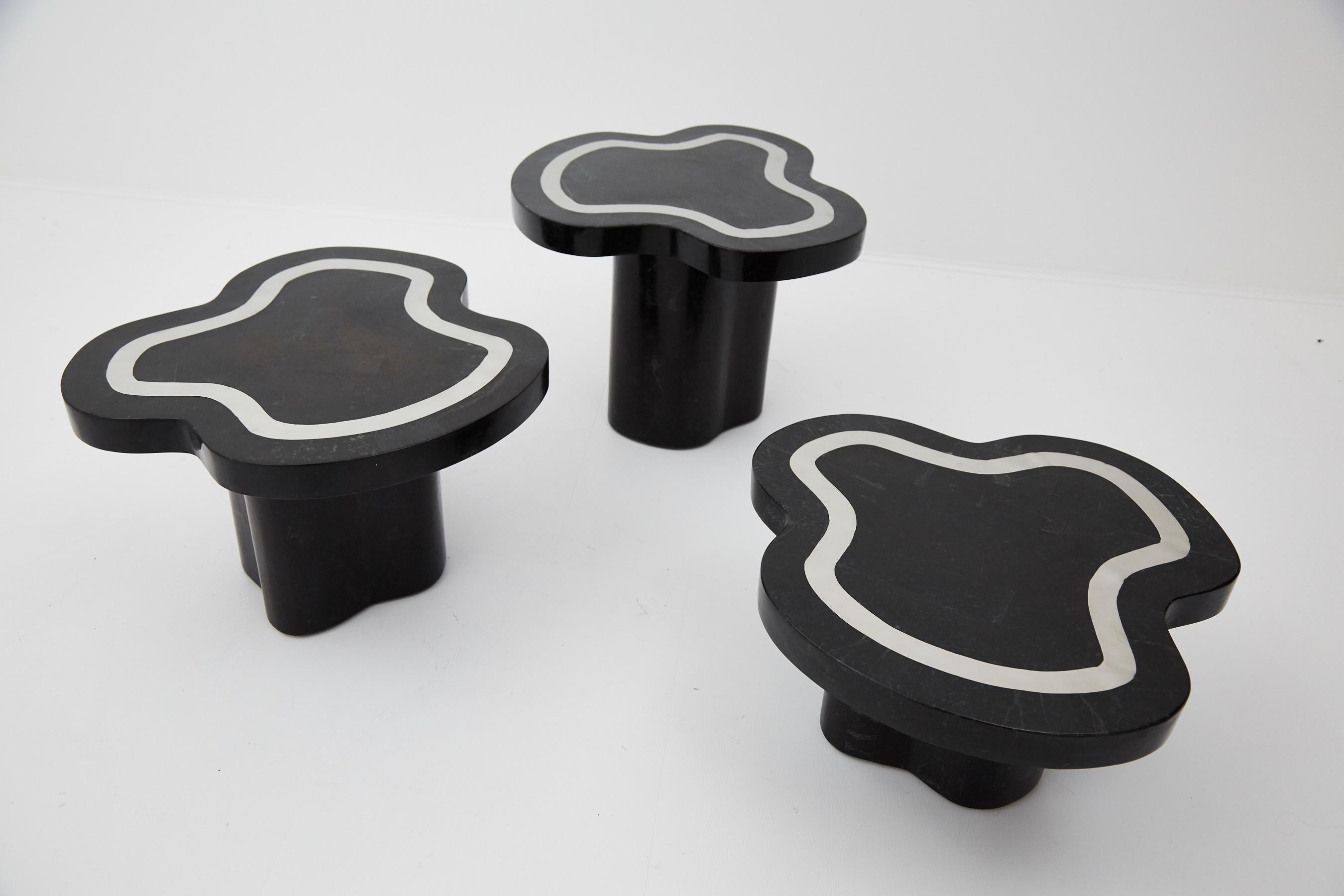 Water Mushroom Tables, Black Stone with Stainless Steel, Set of Three, 1990s In Excellent Condition For Sale In Los Angeles, CA