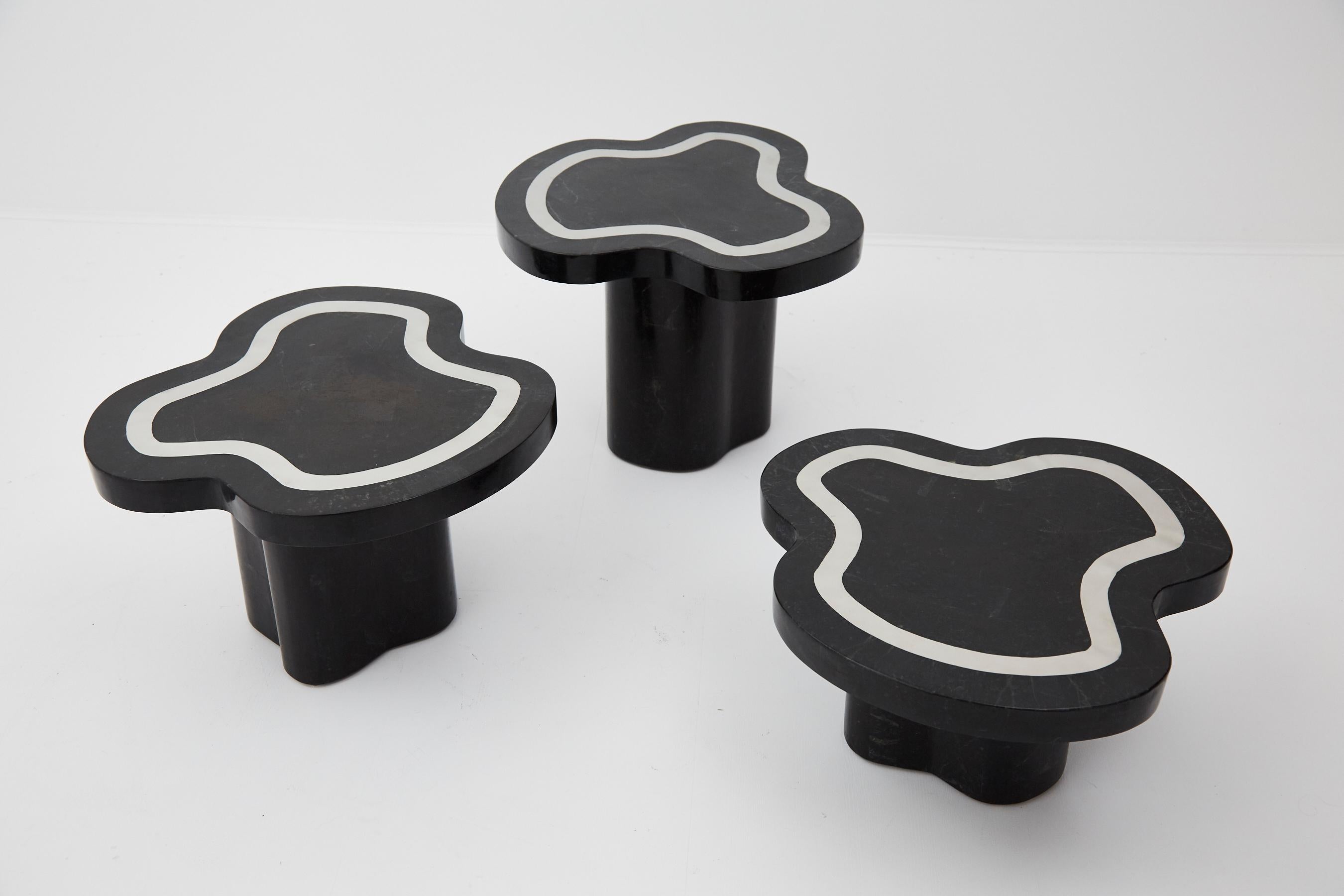 Contemporary Water Mushroom Tables, Black Stone with Stainless Steel, Set of Three, 1990s For Sale