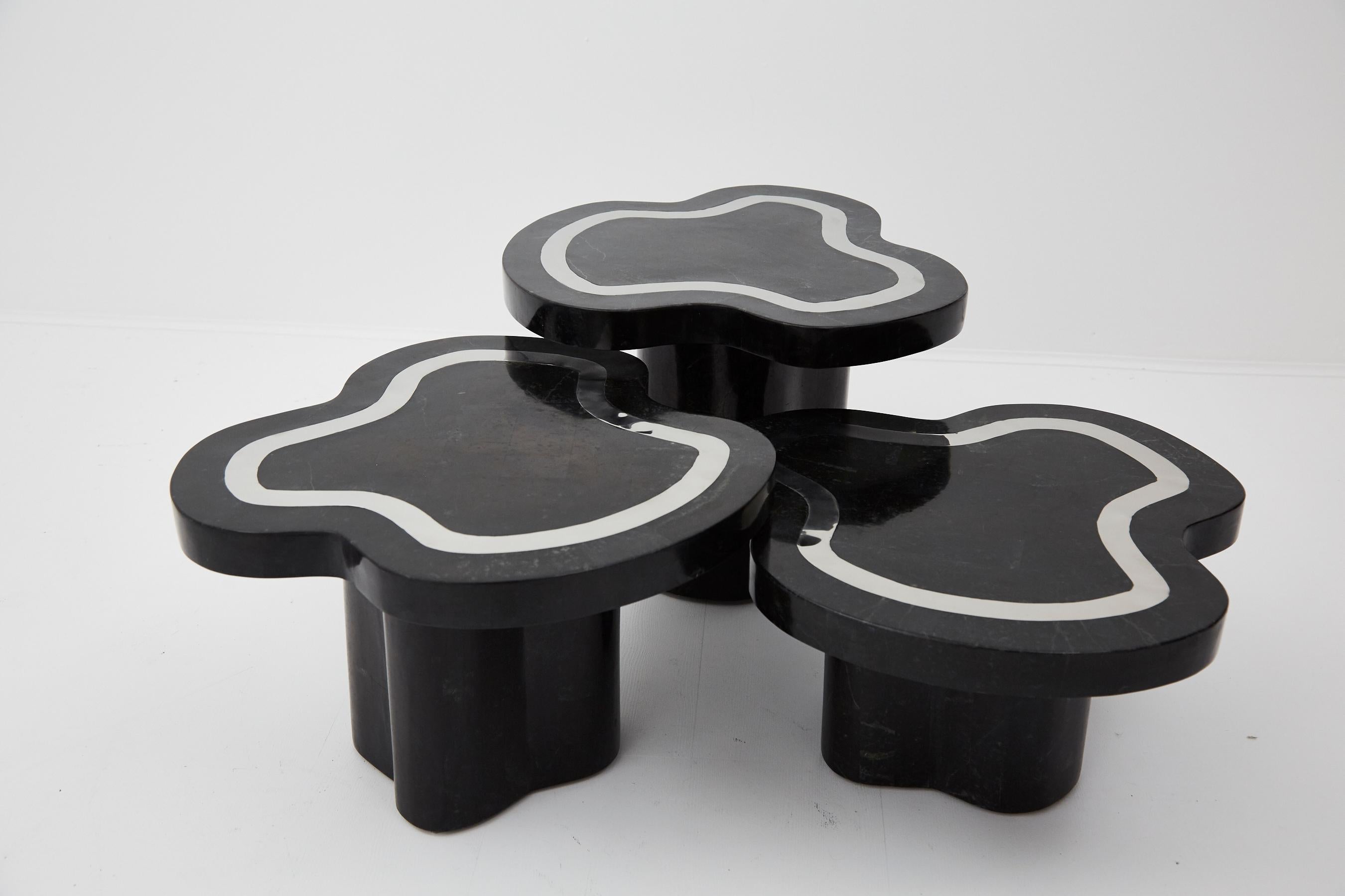 Water Mushroom Tables, Black Stone with Stainless Steel, Set of Three, 1990s For Sale 1