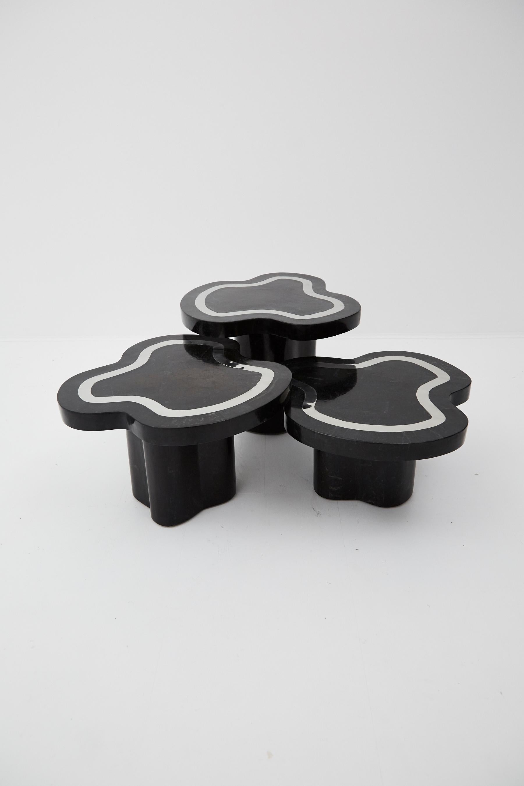 Water Mushroom Tables, Black Stone with Stainless Steel, Set of Three, 1990s For Sale 2