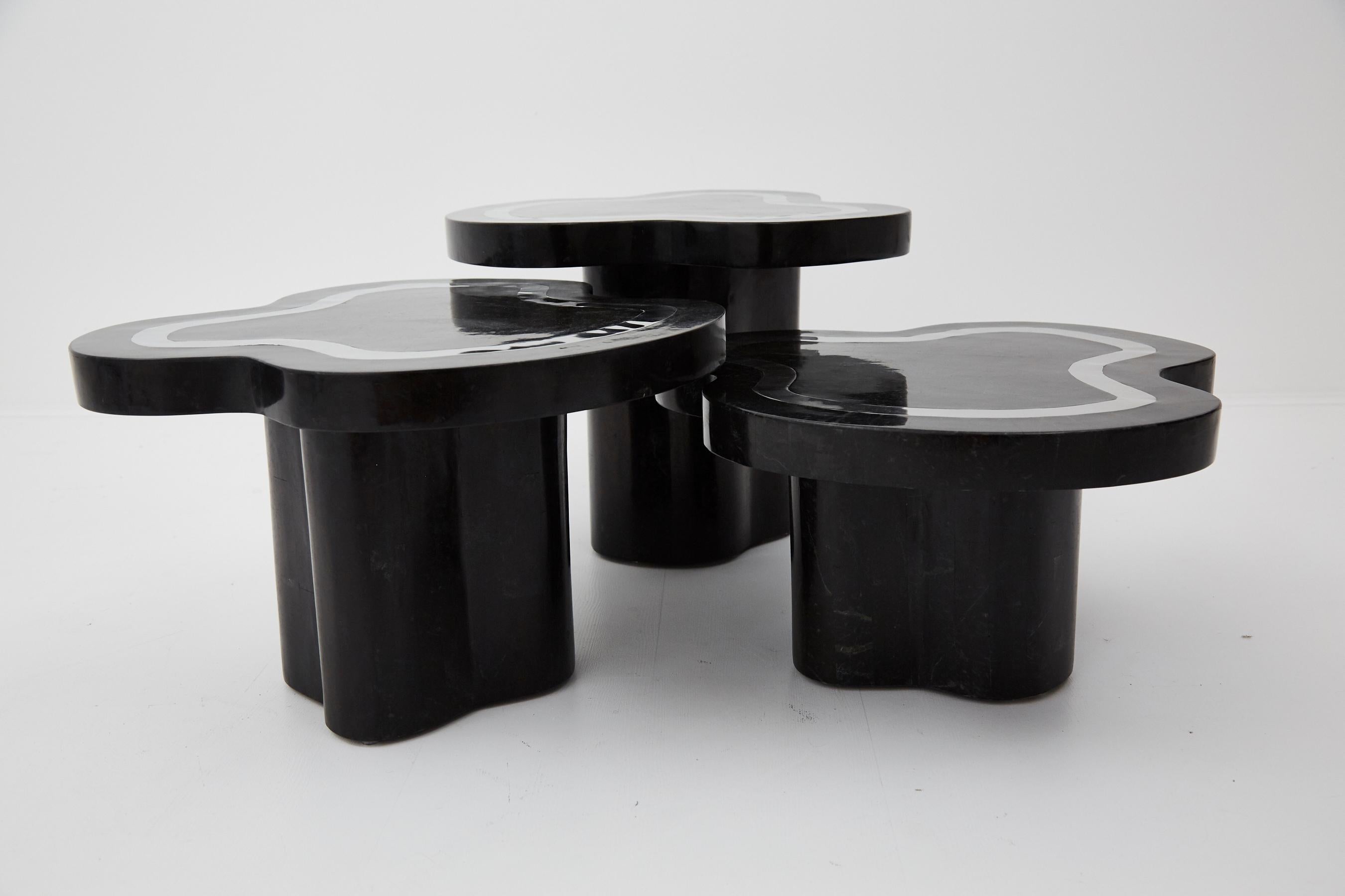 Water Mushroom Tables, Black Stone with Stainless Steel, Set of Three, 1990s For Sale 3