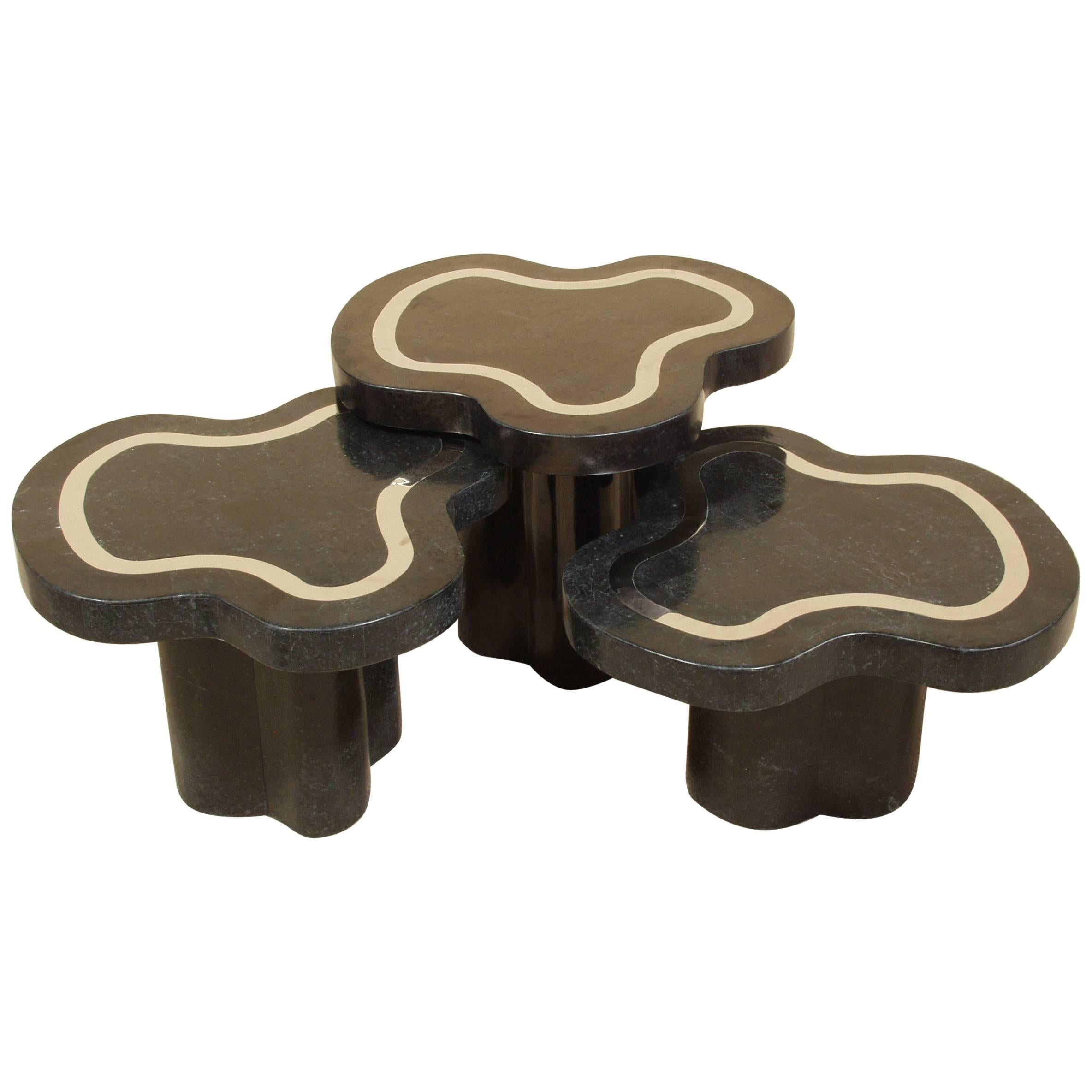 Water Mushroom Tables, Black Stone with Stainless Steel, Set of Three, 1990s For Sale