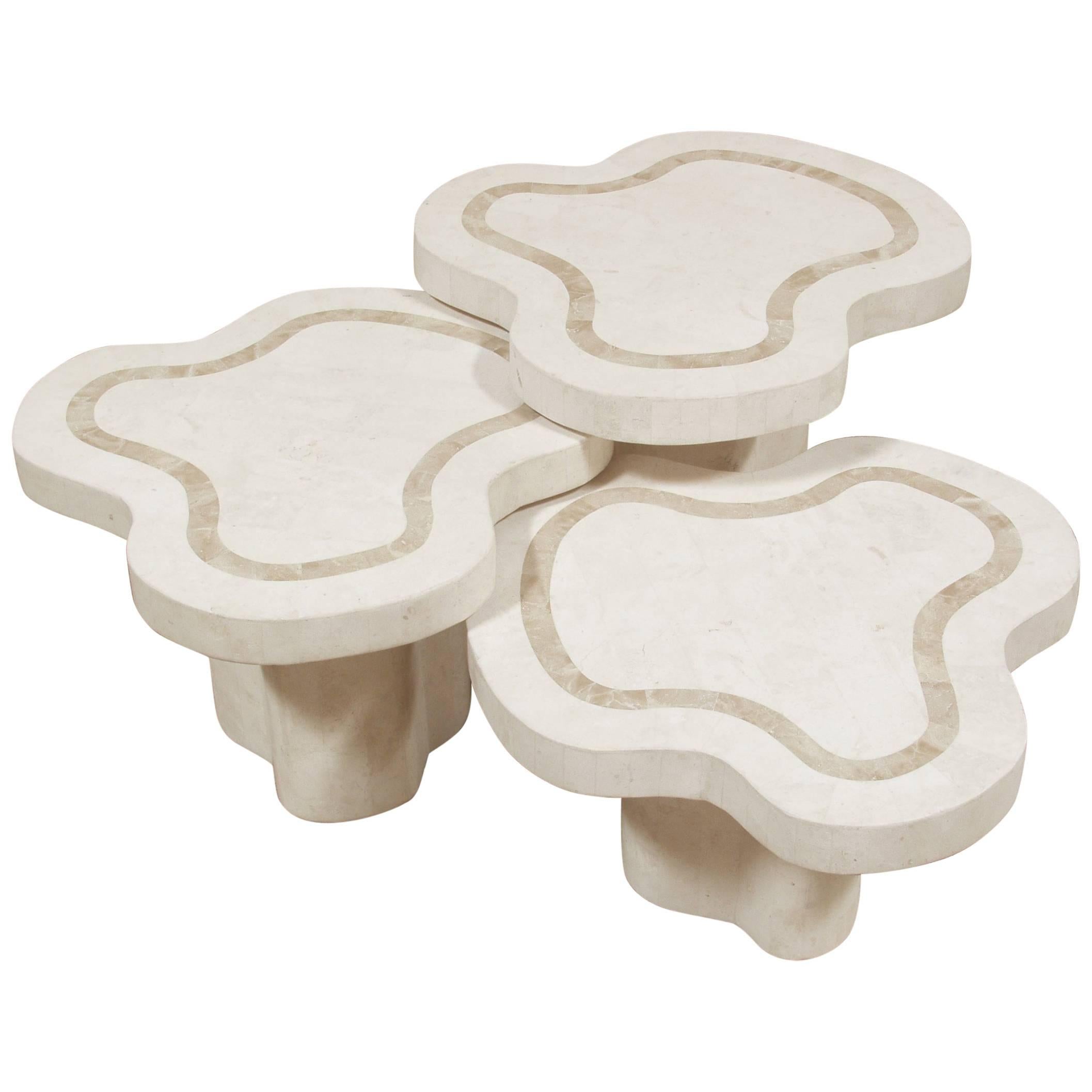 "Water Mushroom" Tables, White Ivory Stone with Beige Fossil Stone Set of Three For Sale