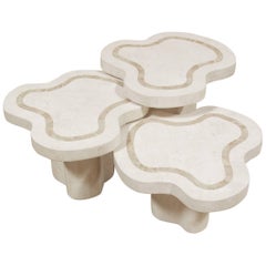 "Water Mushroom" Tables, White Ivory Stone with Beige Fossil Stone Set of Three