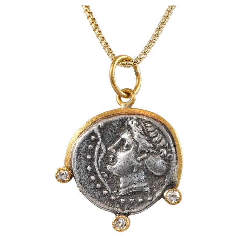 Water Nymph Ancient Sinope Tetradrachm Charm Replica Coin, 24K Gold, 0.06ct Dia For Sale