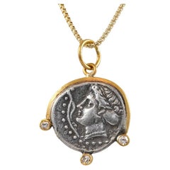 Water Nymph Ancient Sinope Tetradrachm Charm Replica Coin, 24K Gold, 0.06ct Dia
