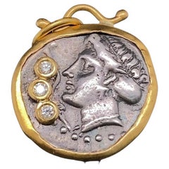 Water Nymph Synope Coin Pendant Charm with Diamonds, 24K and Silver Necklace