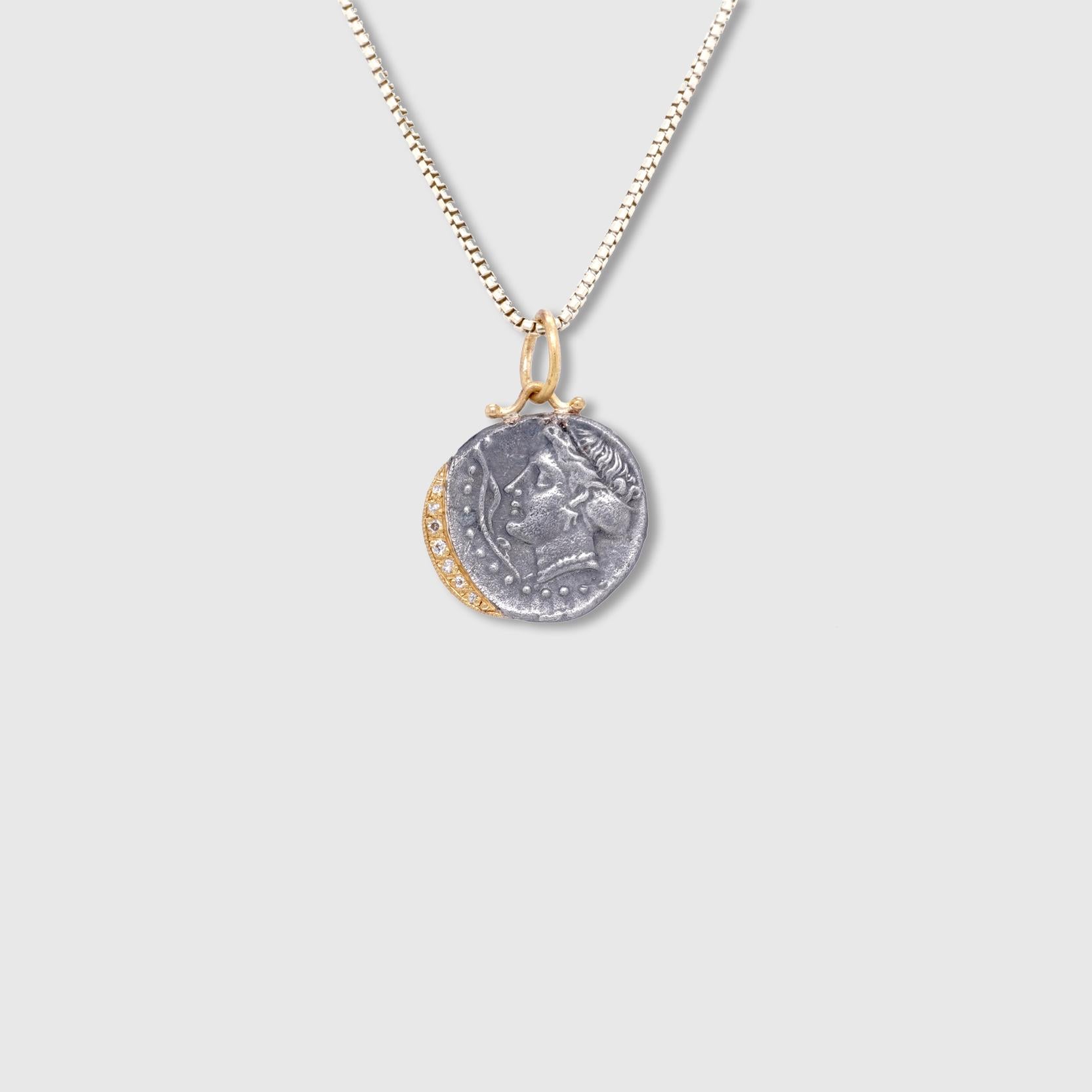 Round Cut Water Nymph, Synope, Pendant Necklace Charm Coin Amulet with Diamonds, 24kt Gold