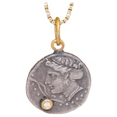 Water Nymph, Synope, Pendant Necklace Charm Coin Amulet with Diamonds, 24kt Gold
