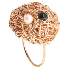 Water Pearl and Onyx Wired Cocktail Ring 14 K in Rose Gold F. by artist. 