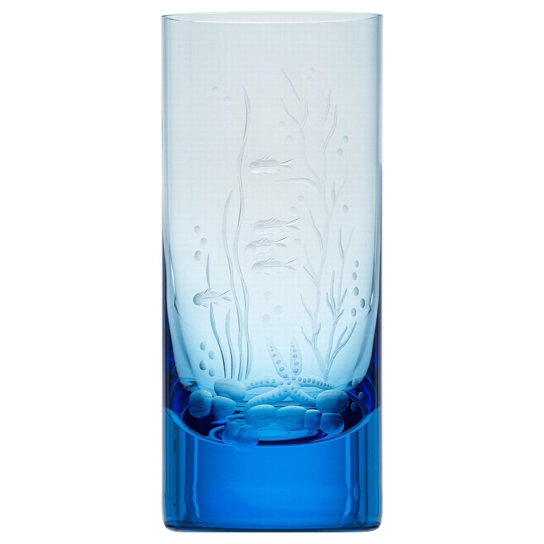 Water Tumbler Hand Engraved Water Life Motif 1 Aquamarine, 13.52 oz