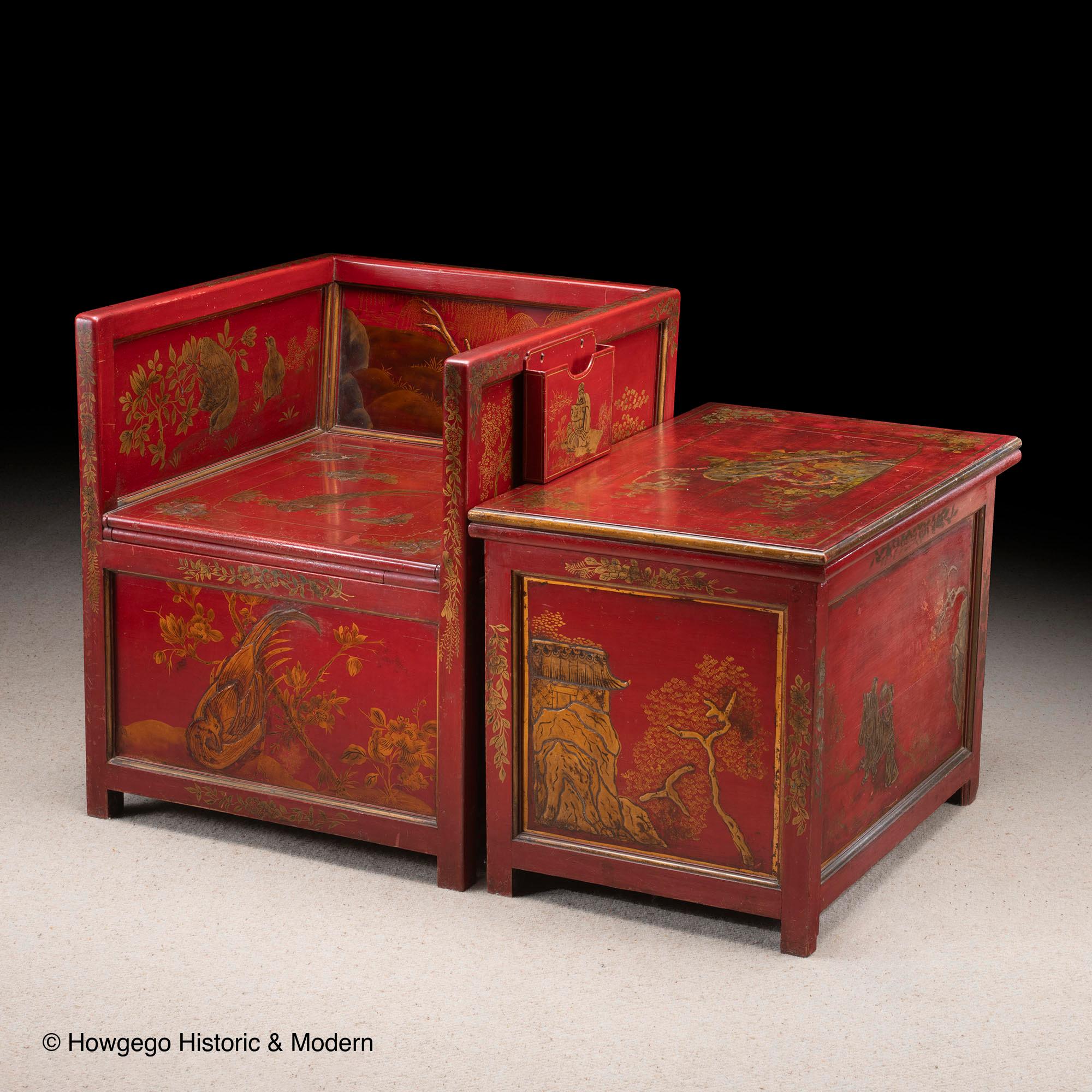 Rare red lacquer, Chinoiserie water closed and matching table cupboard from the Collection of the Duke & Duchess of Northumberland, Alnwick Castle of Harry Potter fame
Dating from c1900 revival of Chinoiserie schemes in Country Houses
High quality