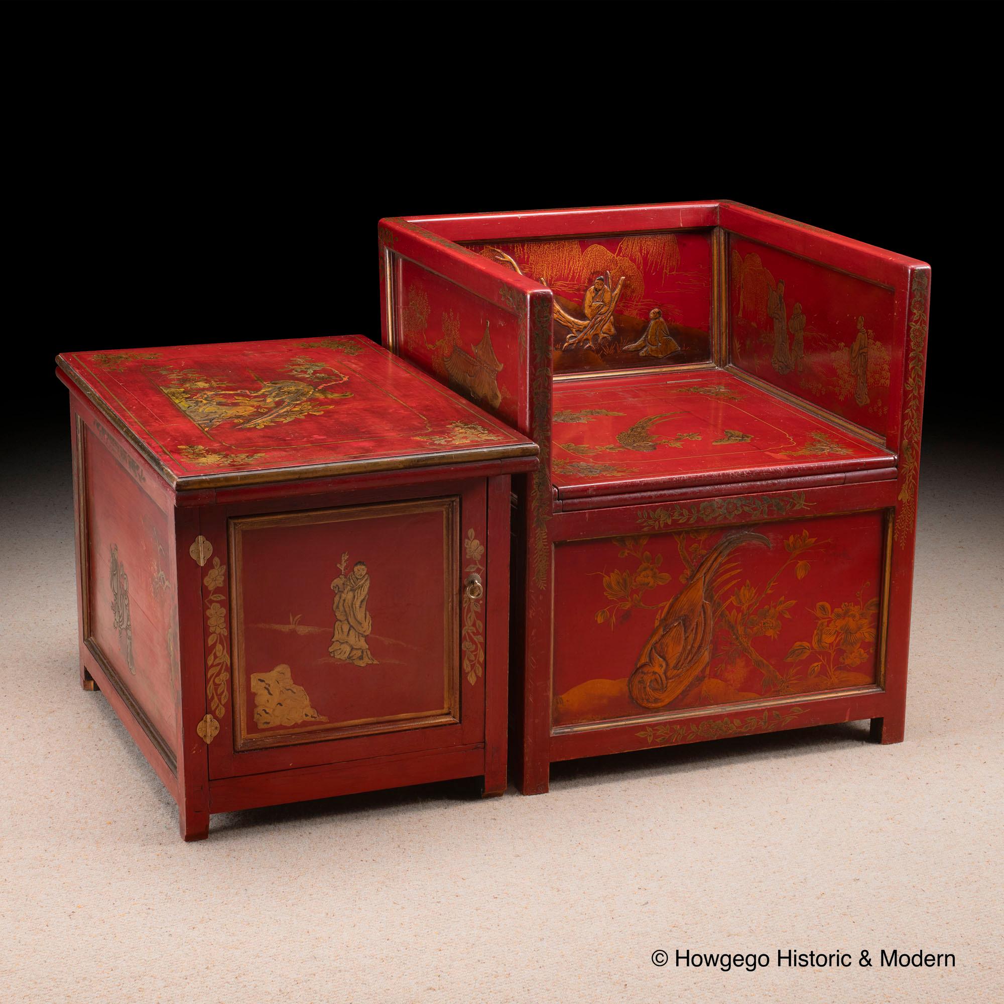 Chinoiserie WaterCloset Commode Armchair Table Red Lacquer Alnwick Castle DukeNorthumberland For Sale