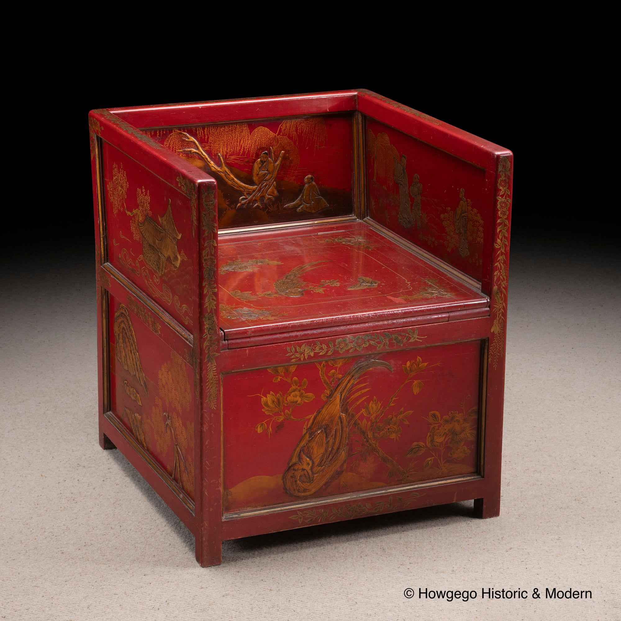 British WaterCloset Commode Armchair Table Red Lacquer Alnwick Castle DukeNorthumberland For Sale