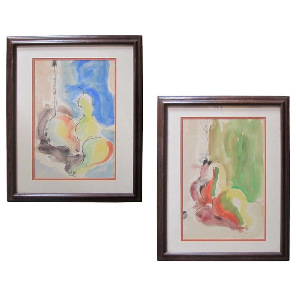 Watercolor Abstract Expressionist Still Lifes, A Pair