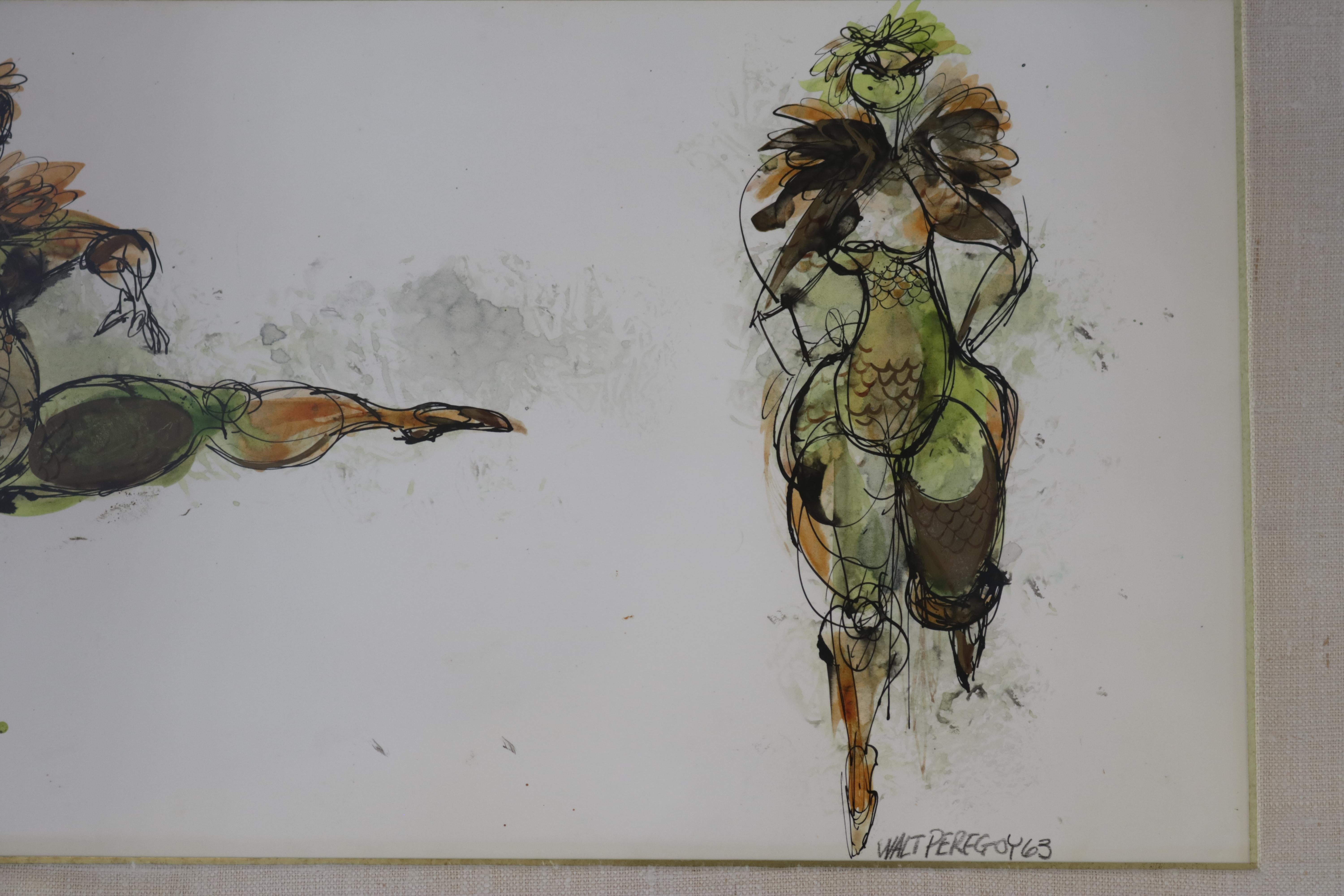 Mid-Century Modern Watercolor and Ink of Dancing Figures Signed Walter Peregoy