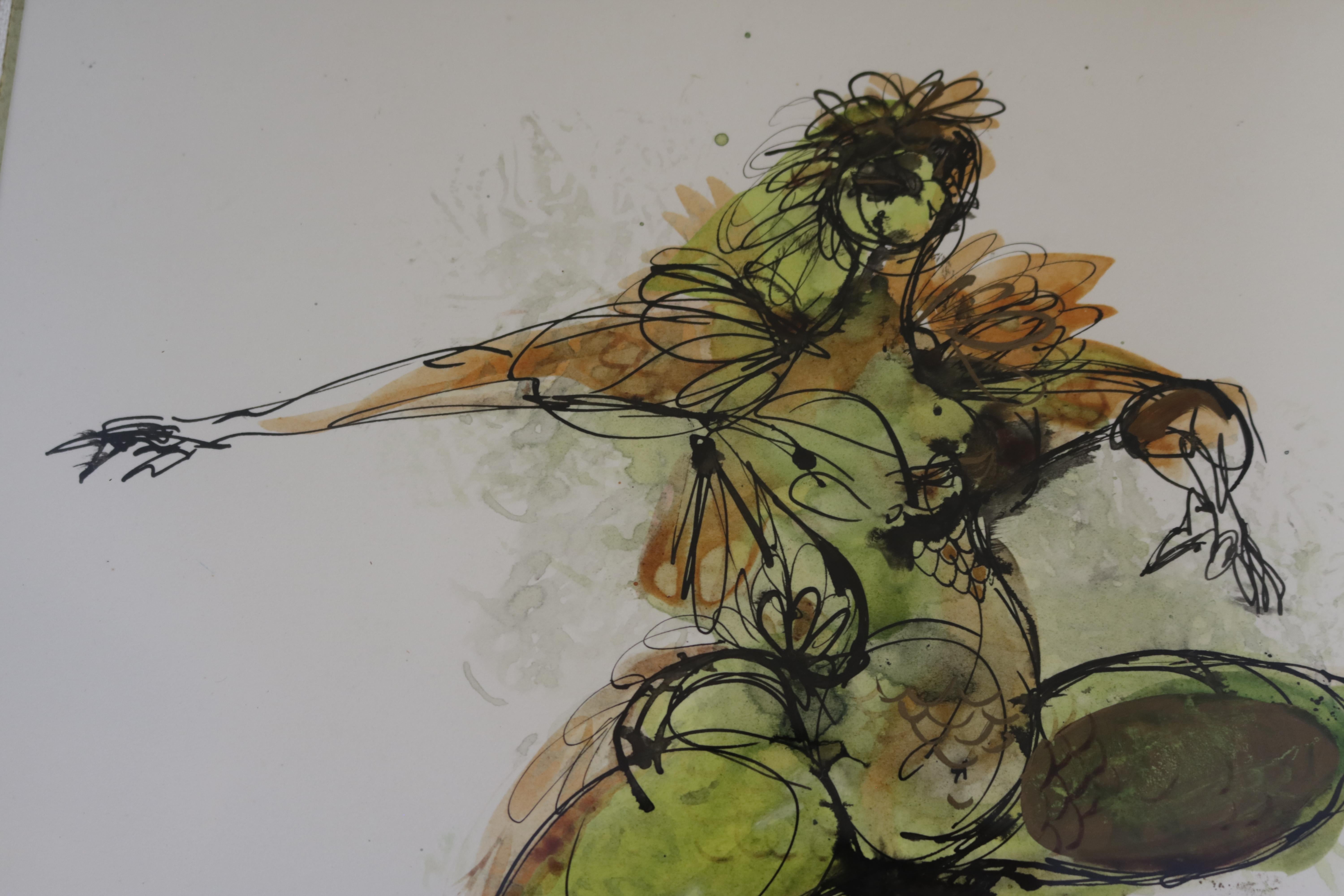 Painted Watercolor and Ink of Dancing Figures Signed Walter Peregoy