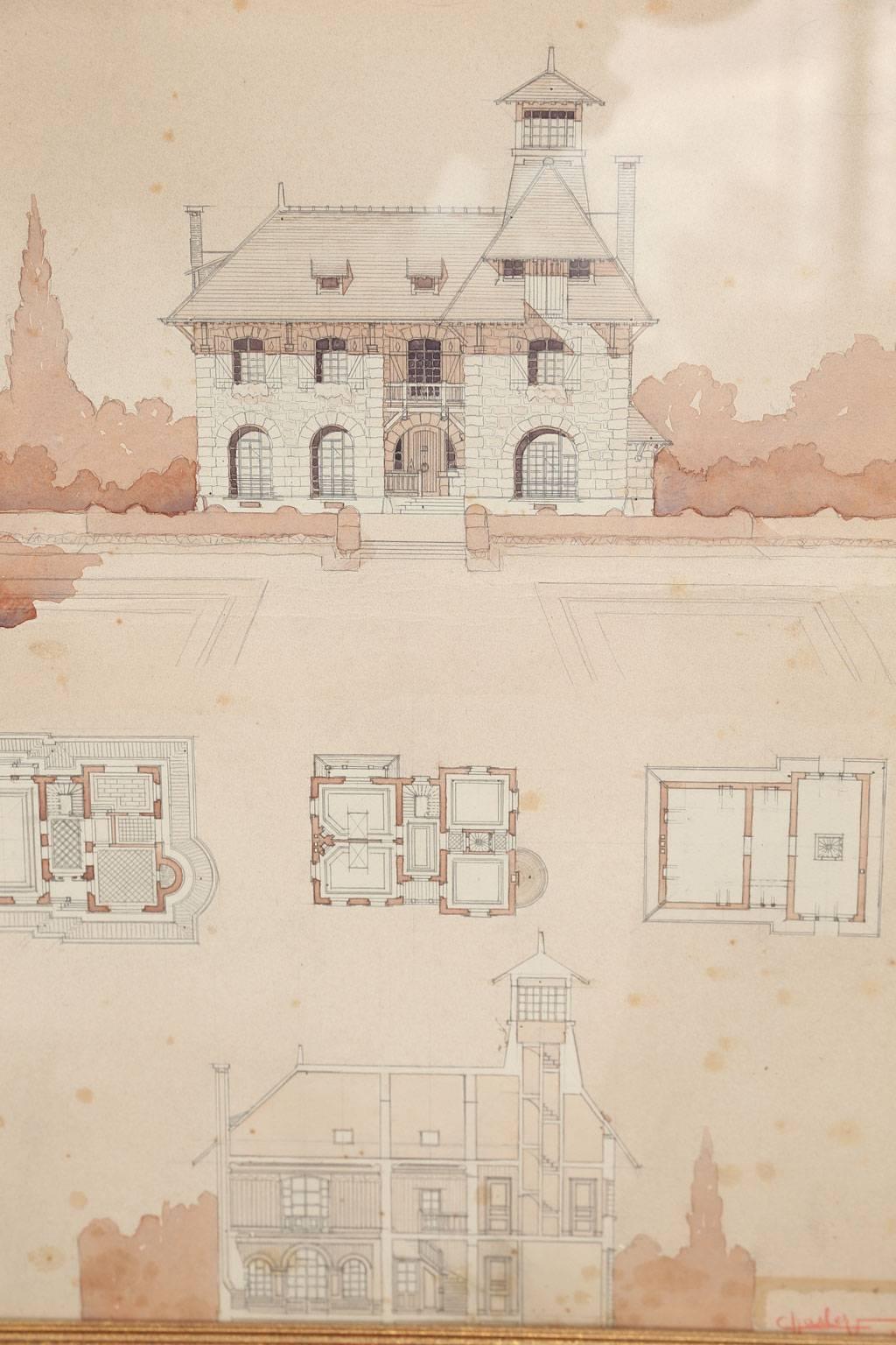 Watercolor architectural rendering in a blush color on paper within an ebonized frame. Signed by Charles Verdonnet and dated 1918. They are sold individually and priced $1,600 each.