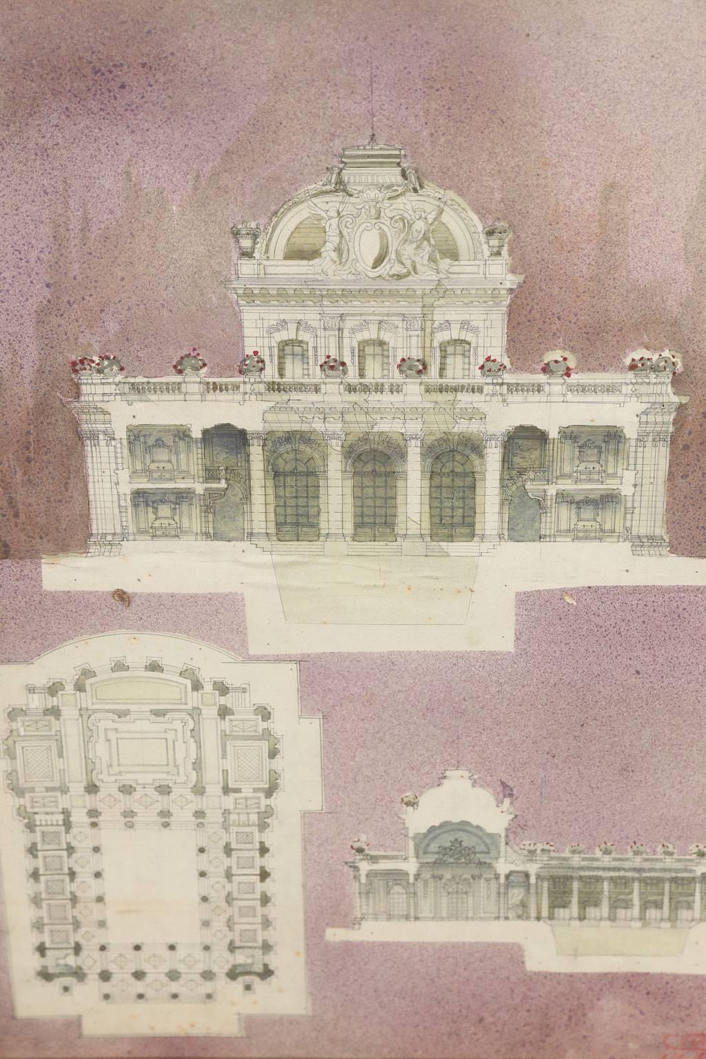 Watercolor architectural rendering in aubergine on paper within an ebonized frame. Signed by Charles Verdonnet and dated 1918.