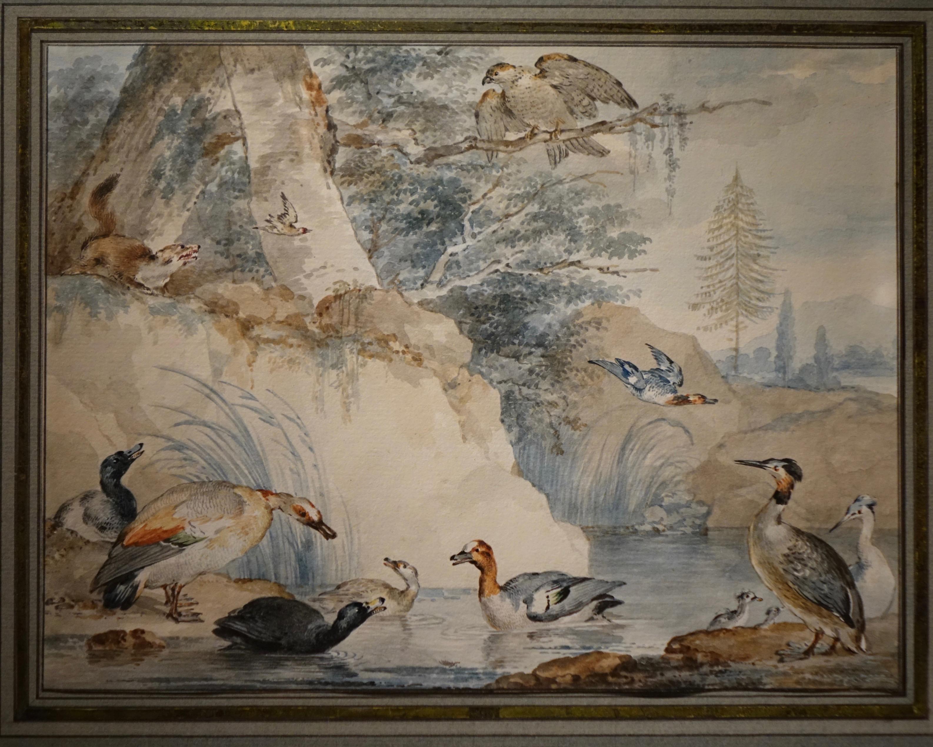 Watercolor attributed to Aert Schouman (1710-1792) 
He was a prolific and versatile Dutch painter, glass engraver, printmaker, collector and dealer, who produced still lifes, biblical and mythological themes, natural history studies, genre,