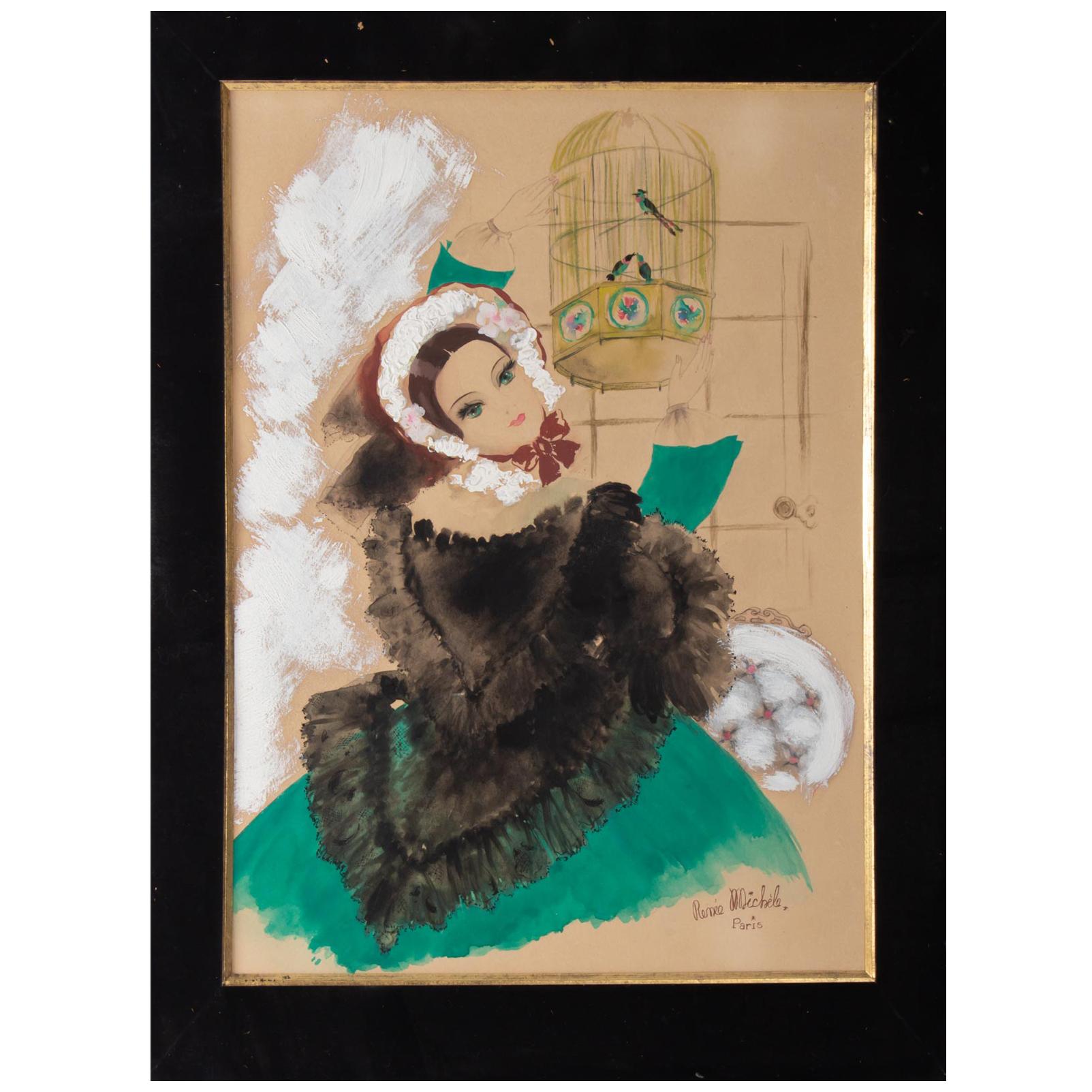 Watercolor, Belle Époque, 1900-1920, Signed Renée Michèle, Paris