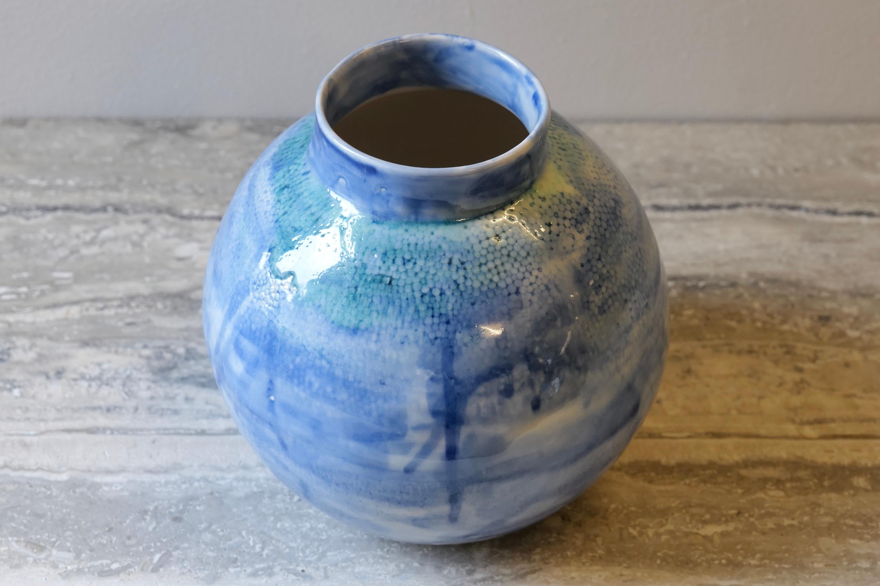 American Watercolor Blue Ball Porcelain Vase by Lana Kova
