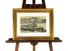 Watercolor Boat on Harbor, Antonio Cruz, Portuguese School, 1946