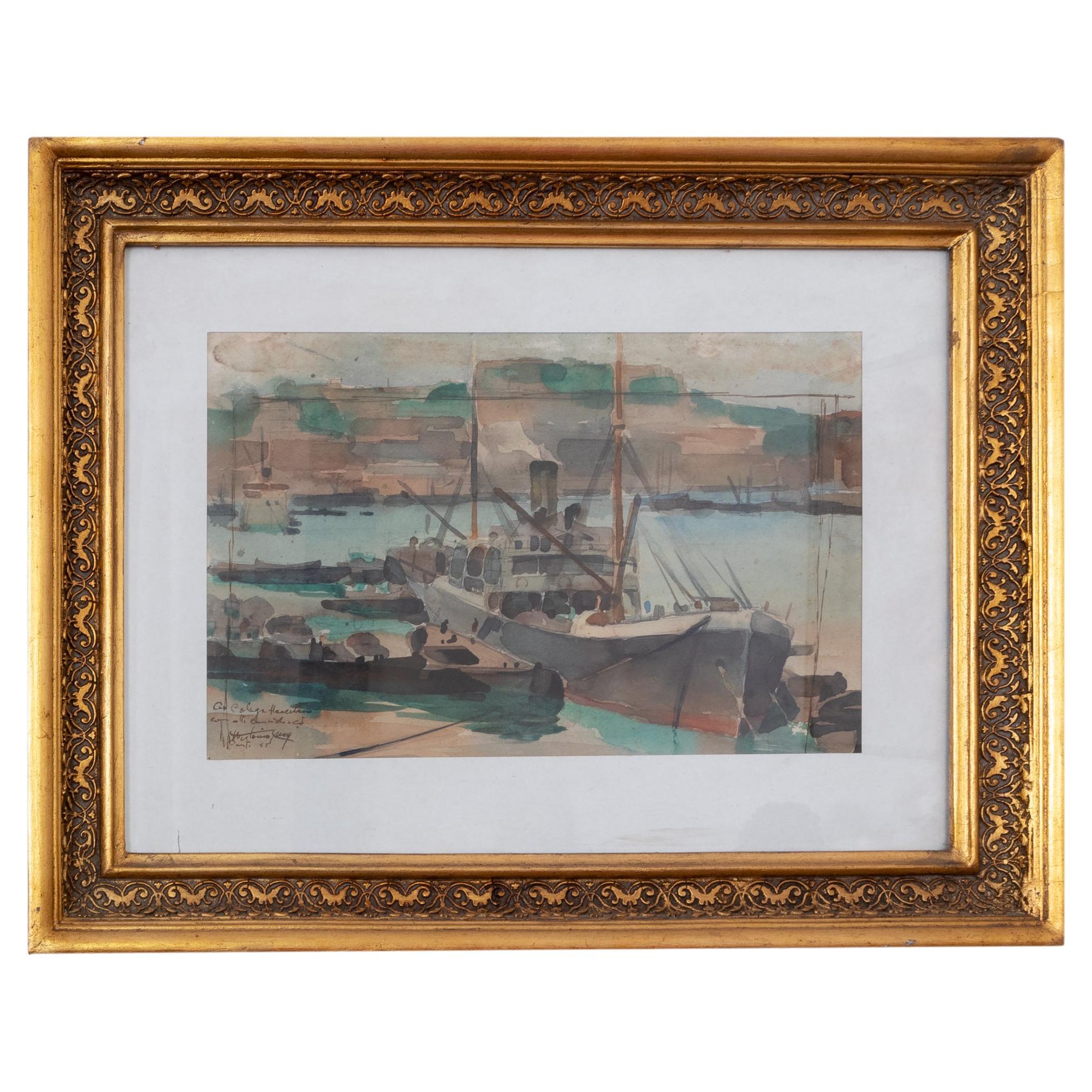 Acquerello Barca sul porto, Antonio Cruz, Scuola portoghese, 1946