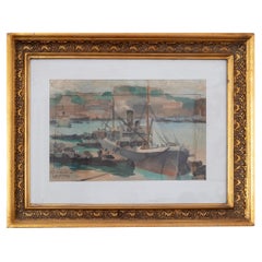 Watercolor Boat on Harbor, Antonio Cruz, Portuguese School, 1946
