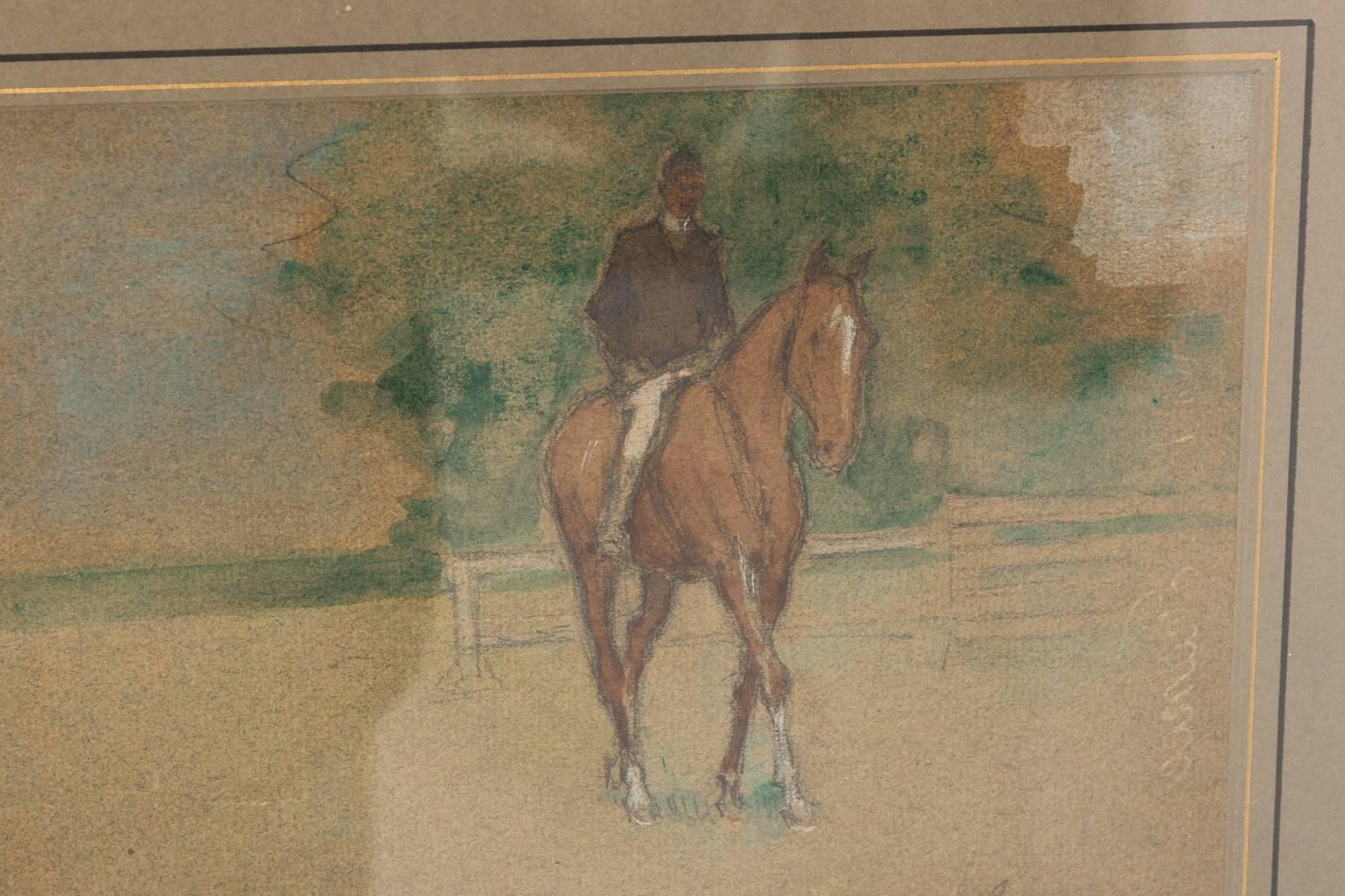 Watercolor on paper by Russian painted Boris Solotareff depicting a horse and rider in a custom matted frame, circa early 20th century.
 