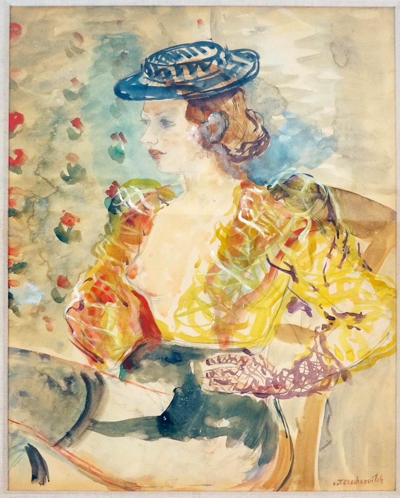 Este exquisito retrato en acuarela del célebre artista ruso-francés Constantin Terechkovitch (1902-1978) capta magistralmente la elegancia y el aplomo de una mujer ataviada con un sombrero y un vestido vaporoso, evocando el grácil movimiento de una