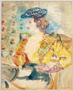 Acuarela de Constantin Terechkovitch "Retrato de mujer con sombrero y vestido"