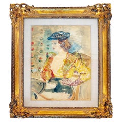 Acuarela de Constantin Terechkovitch "Retrato de mujer con sombrero y vestido"