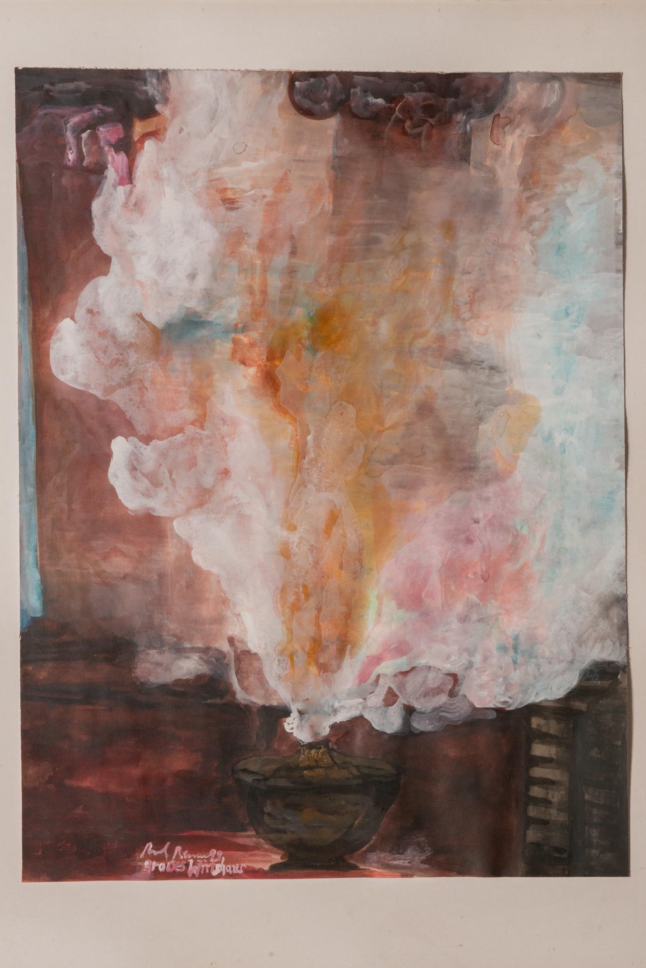 O/8182 - This is an unusual painting: the famous Austrian painter Paul Renner, on the occasion of his own wedding, painted a series of watercolors as a gift to friends invited to his wedding.
This one looks like steam coming out of a magic lamp,