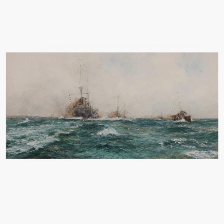 Watercolor by William Birchall depicting a world war one naval warship on convoy with destroyers on station on the ships port hand side.

Entitled The Everr Ready. Dated 1914

Overall size: 
H 18