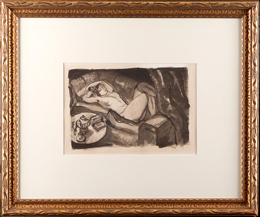 A framed drawing of the nude figure of a woman reposing on a couch by French artist, Jean Gabriel Daragnes (1886-1950), circa 1930. Listed in Benezit, Daragnes' oeuvre is classified as 