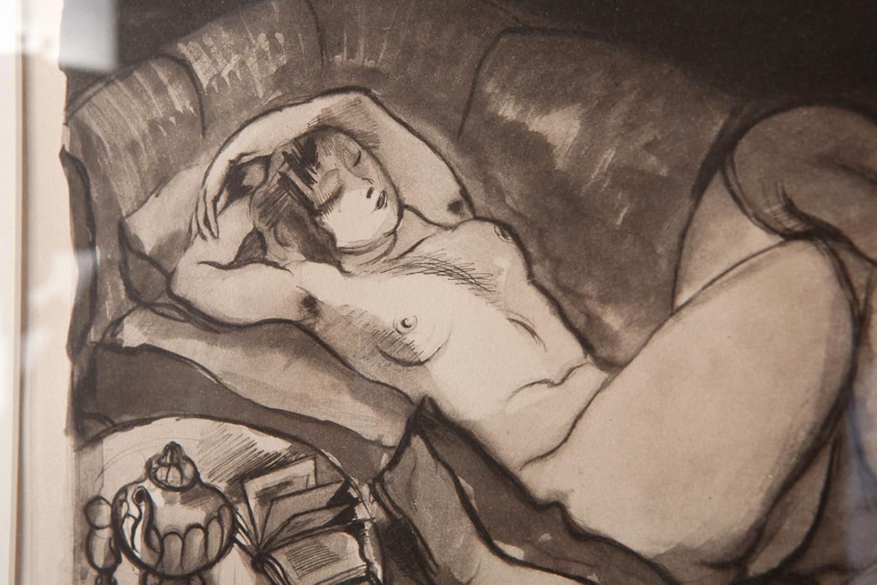 Watercolor & Charcoal Drawing of Reposing Nude by Jean Gabriel Daragnes In Excellent Condition In Miami, FL