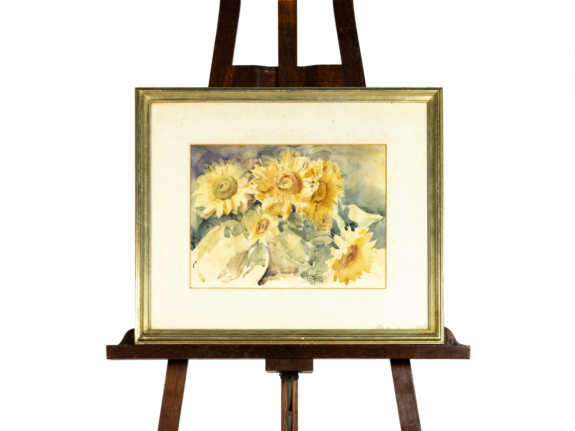 Une peinture de Joaquim Lopes (1886 à 1956) représentant des chrysanthèmes, une aquarelle signée 