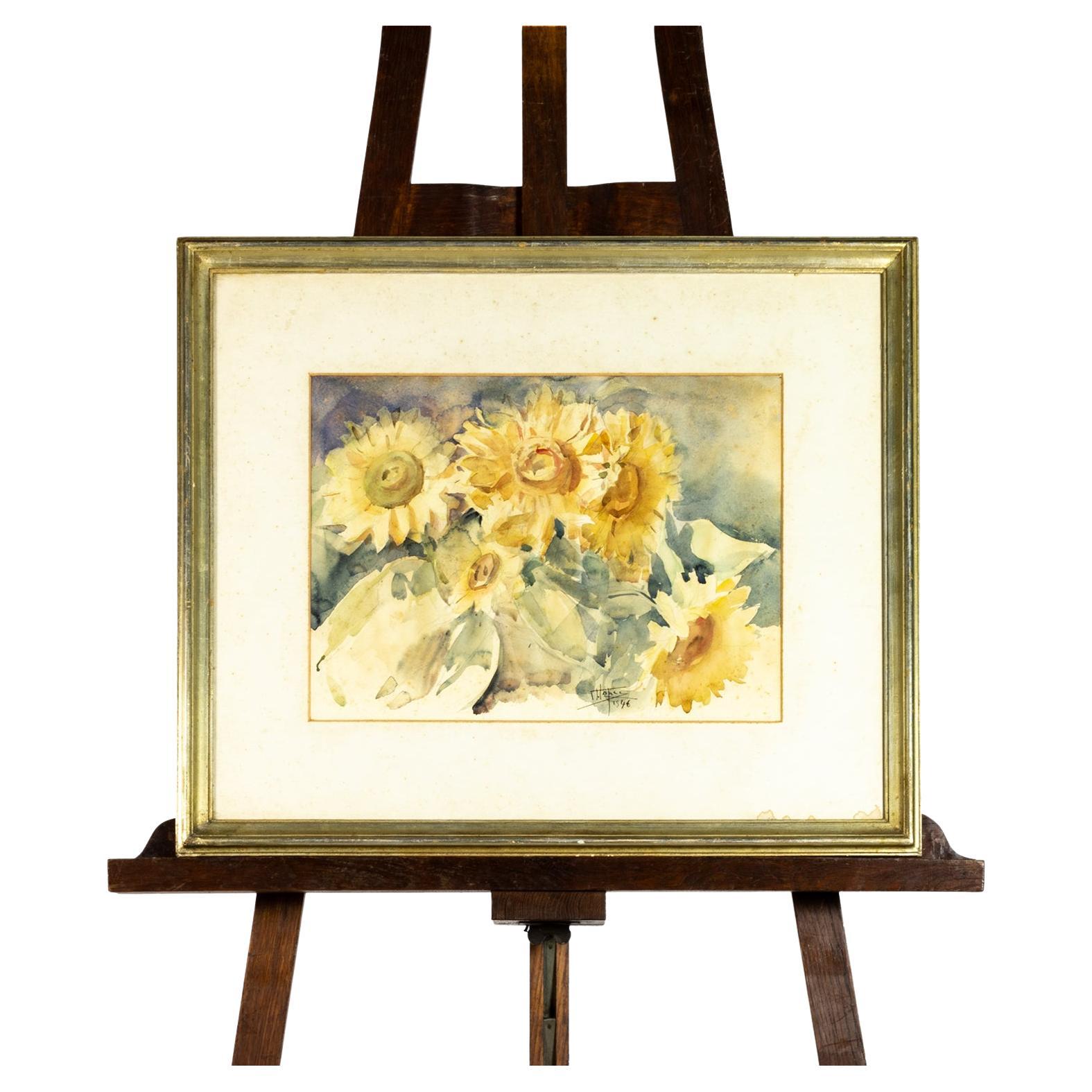 Aquarell Chrysanths Blumen Gemälde von Joaquim Lopes, Portugiesische Schule, 1946