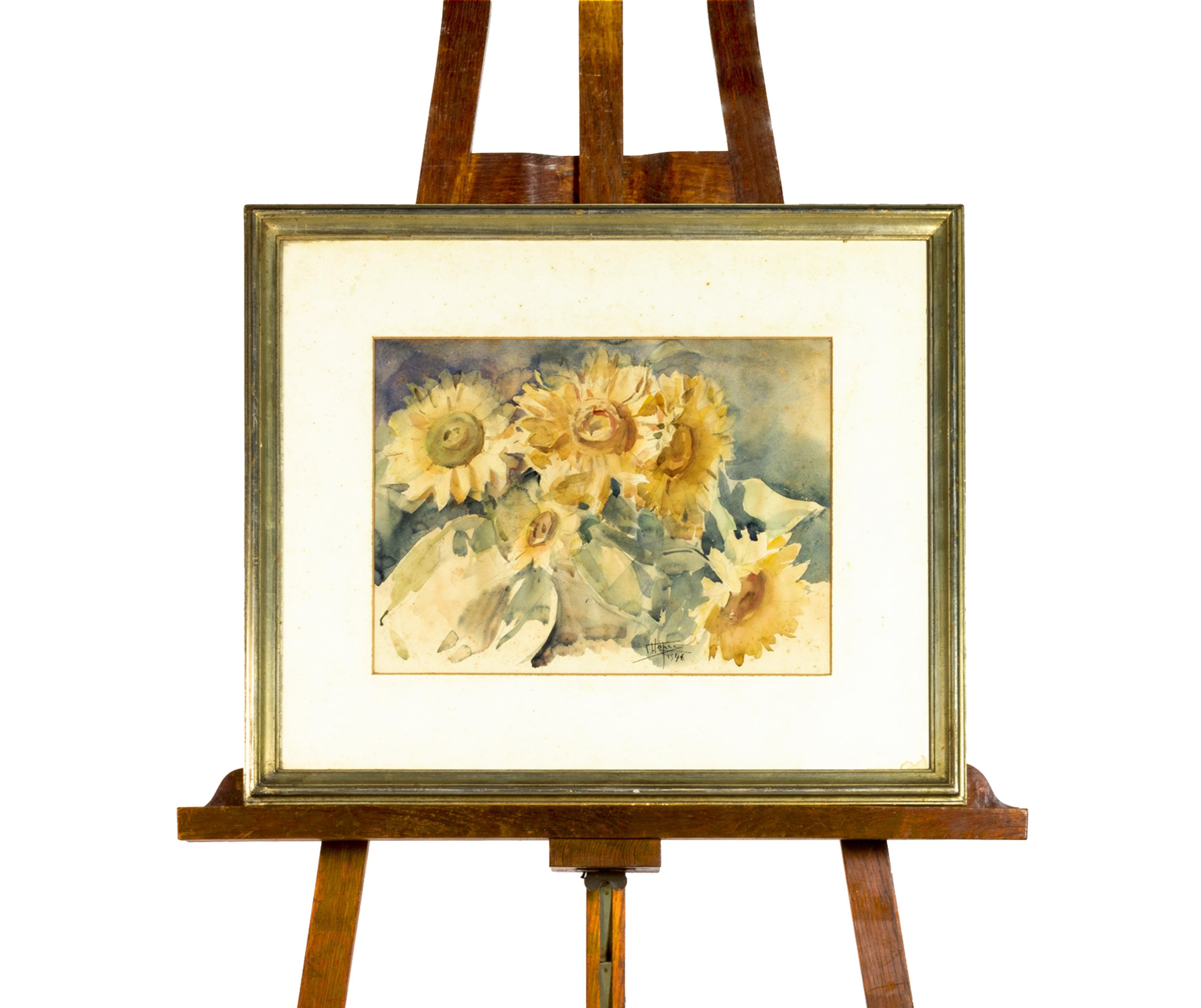 A painting by Joaquim Lopes (1886 to 1956) of Chrysanths, a watercolour signed «J F Lopes» and dated «1946», part of the first generation of the Modernist Movement Portuguese. Joaquim Francisco Lopes, painter of the first generation of Portuguese