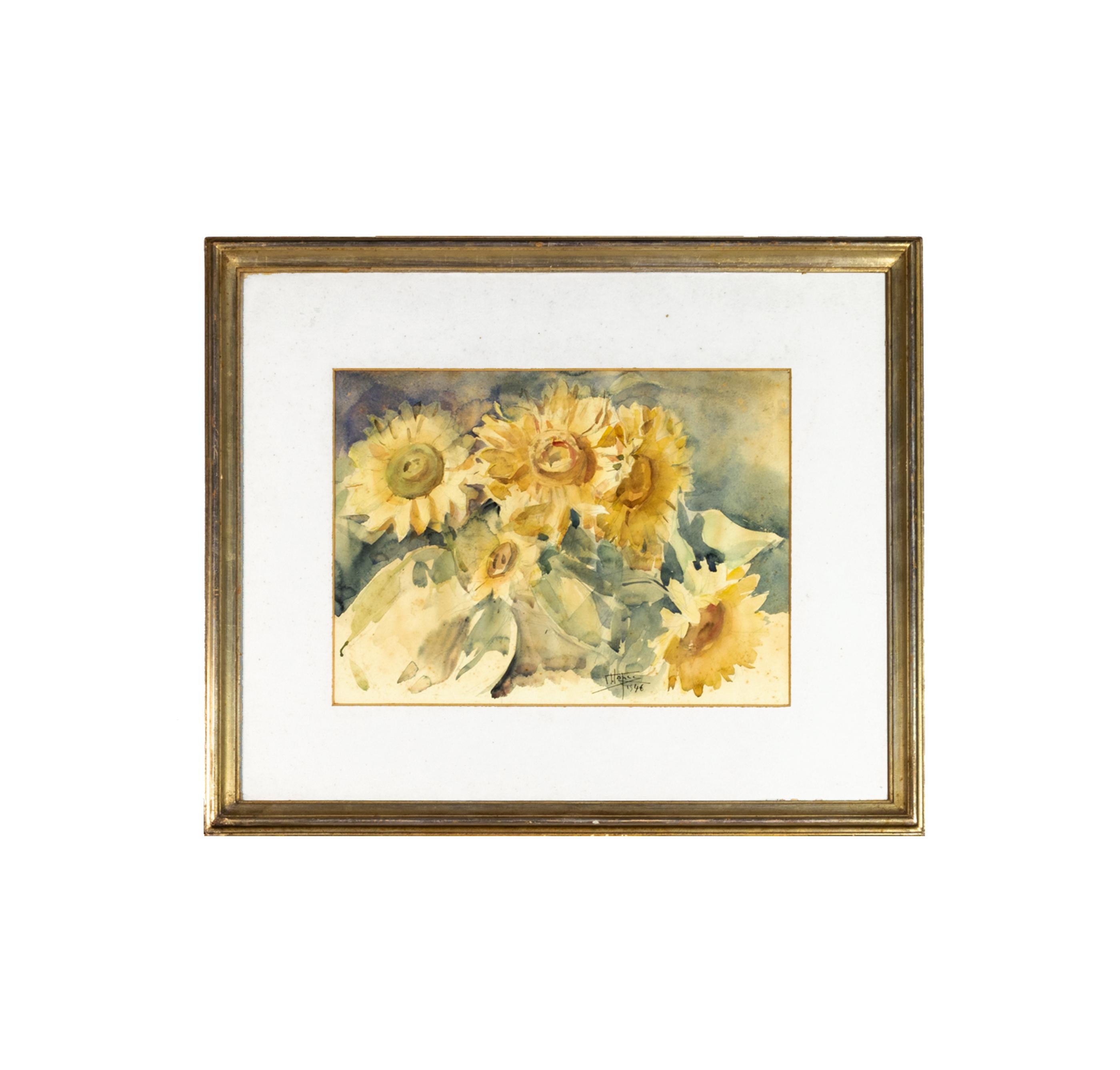 Portuguese Watercolor Chrysanths Painting By Joaquim Lopes, 1946 For Sale