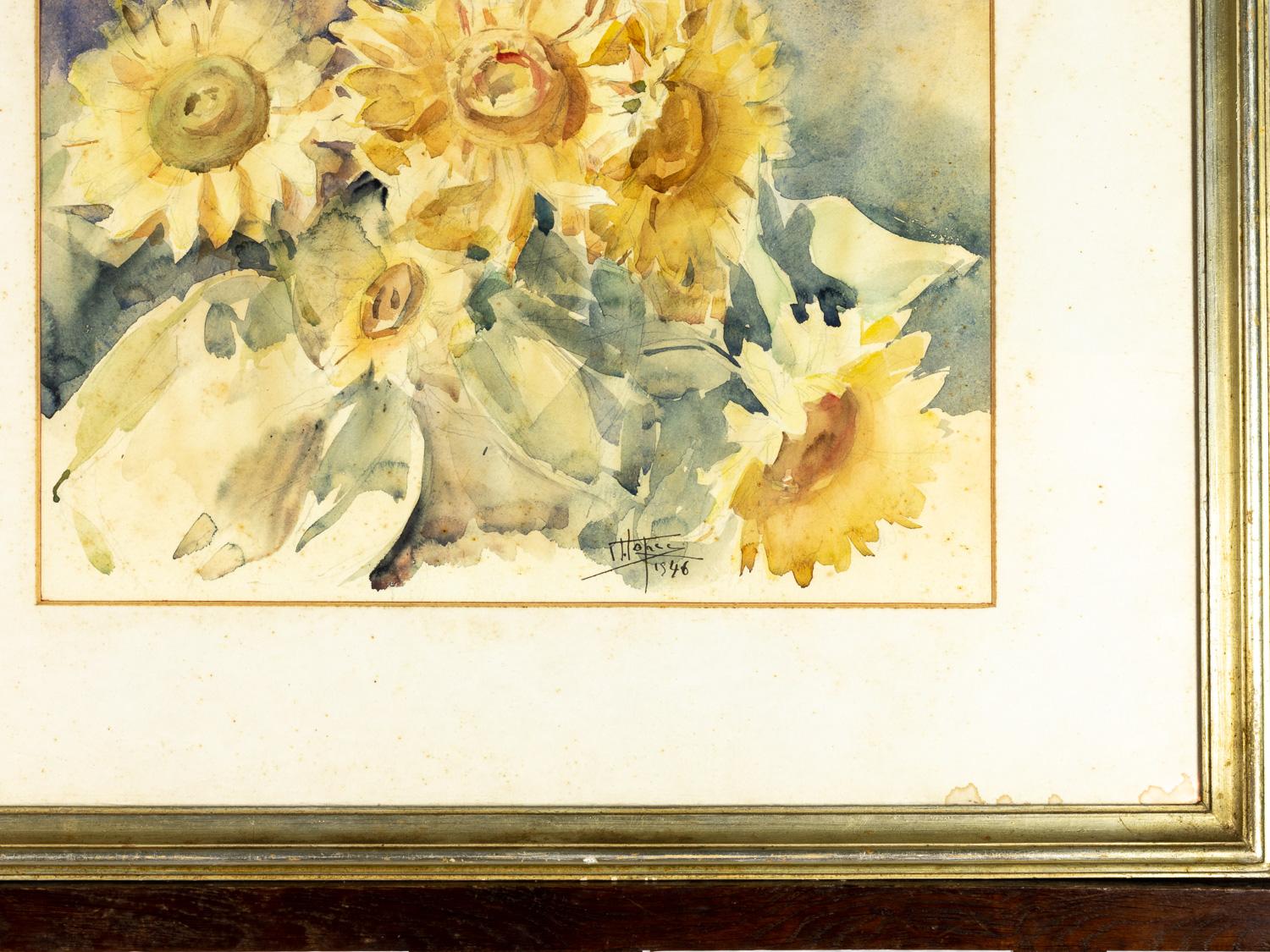 Portuguese Watercolor Chrysanths Painting By Joaquim Lopes, 1946 For Sale