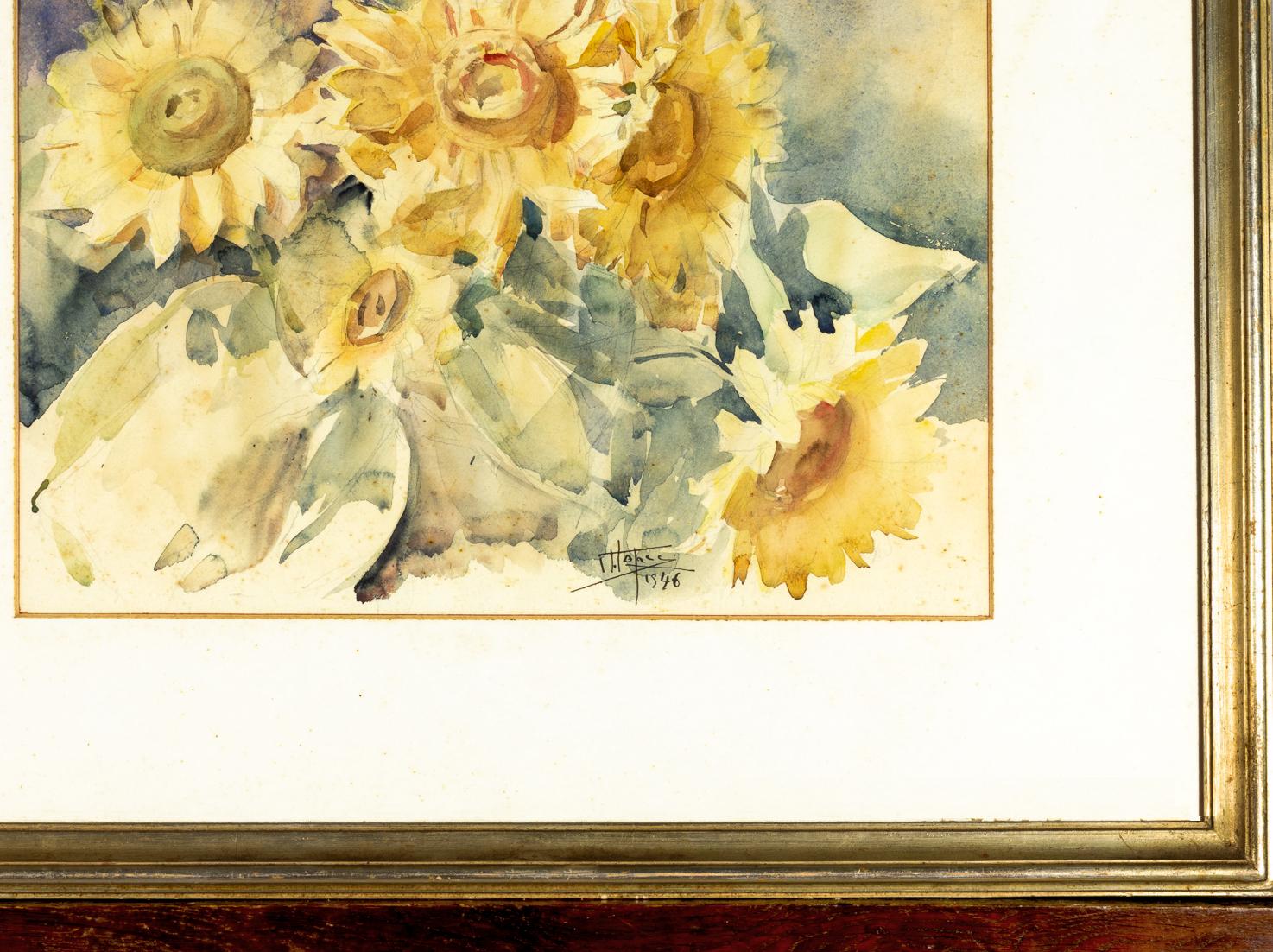 Aquarell- Chrysanths-Gemälde von Joaquim Lopes, 1946 (Geölt) im Angebot